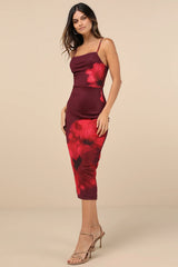 Jaela Burgundy Floral Mesh Sleeveless Bodycon Midi Dress