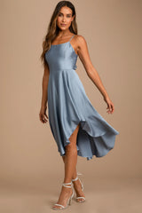 Days Like Today Blue Satin Asymmetrical Tie-Back Midi Dress