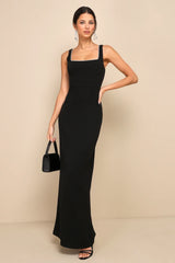 Timeless Poise Black Rhinestone Square Neck Backless Maxi Dress