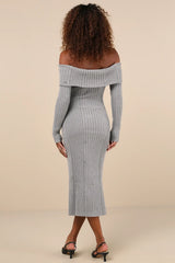 Dazzling Comfort Grey Rhinestone Off-the-Shoulder Sweater Dress