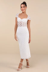 Flirtatious Presence White Sheer Lace Bustier Midi Dress