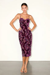 Moody Allure Plum Floral Velvet Burnout Lace-Up Midi Dress