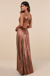 Shining Luxury Bronze Metallic Lurex Cutout Maxi Dress