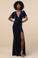 Elegant Evenings Navy Velvet Flutter Sleeve Trumpet Maxi Dress