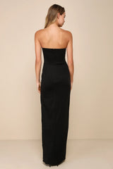 Elegant Mood Black 3D Floral Applique Strapless Maxi Dres