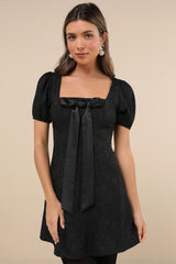Polished Sweetie Black Jacquard Bow Puff Sleeve Mini Dress