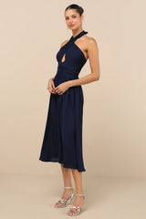 Emrah Red Cross-Front Cutout Halter Midi Dress