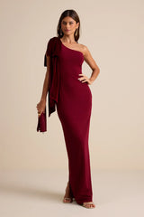 Amarila Burgundy One-Shoulder Velvet Bow Maxi Dress