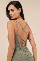 Ventura Vision Olive Green Crochet Lace-Up Midi Dress