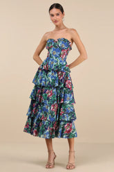 Nayha Blue Multi Floral Strapless Tiered Midi Dress