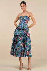Nayha Blue Multi Floral Strapless Tiered Midi Dress