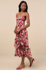 Maisley Red Multi Floral Bustier Ruffled Midi Dress