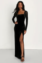 Certifiably Chic Black Velvet Mesh Long Sleeve Maxi Dress