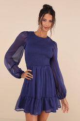 Simply the Sweetest Dark Blue Long Sleeve Smocked Mini Dress