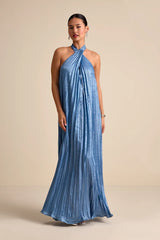 Gelsey Dusty Blue Pleated Halter Shift Maxi Dress