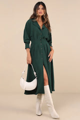 Timeless Class Rust Collared Button-Up Pleated Midi Dress