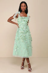 Effortlessly Sweet Blush Tulle 3D Floral Tie-Strap Midi Dress