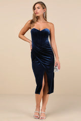 Masterfully Flirty Olive Green Velvet Bustier Midi Dress