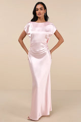 Captivating Presence Blush Pink Satin Cowl Back Maxi Dress