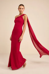 Carmenza Red One-Shoulder Sash Maxi Dress