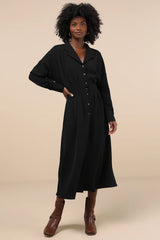 Timeless Class Rust Collared Button-Up Pleated Midi Dress