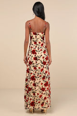 Romance in the Making Beige Floral Print Velvet Maxi Dress