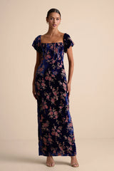 Confidently Impressive Blue Velvet Off-the-Shoulder Maxi Dress