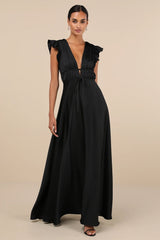 I'm All Yours Black Satin Cutout Ruffled Maxi Dress