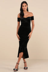 How Much I Care Dark Teal Velvet Off-the-Shoulder Midi Dress