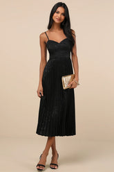 Regal Romance Black Floral Jacquard Pleated Satin Midi Dress