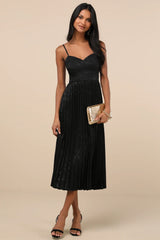 Regal Romance Black Floral Jacquard Pleated Satin Midi Dress
