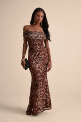 Dunia Black Floral Print Mesh Off-the-Shoulder Maxi Dress