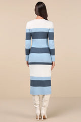 Comfy Darling Blue Striped Button-Up Midi Sweater Dress