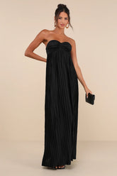 Whimsical Beauty Emerald Green Satin Plisse Strapless Maxi Dress