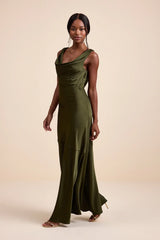 Aernah Wine Red Satin Cowl Tie-Back Slip Maxi Dress