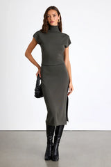 Ashford Rust Red Turtleneck Short Sleeve Sweater Midi Dress