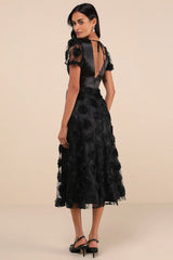 Gorgeous Elevation White Lace Rosette Puff Sleeve Midi Dress