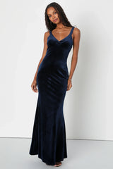 Perfectly Classy Navy Blue Velvet Strappy Maxi Dress