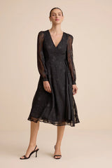 Evening of Elegance Black Floral Jacquard Wrap Midi Dress