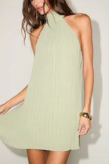 Gretchen Sage Pleated Halter Backless Mini Dress