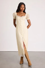 Crissa Cream Lace Textured Puff Sleeve Midi Dress