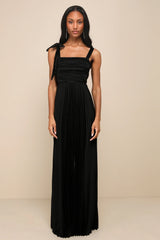 Gorgeous Purpose Emerald Satin Pleated Sleeveless Bow Maxi Dress