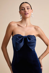 Dramatic Stunner Black Velvet Bow Strapless Maxi Dress