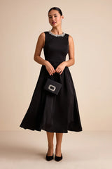 Marietta Black Satin Rhinestone Sleeveless Midi Dress