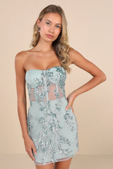 Unreal Date Navy Blue Sequin Embroidered Strapless Mini Dress