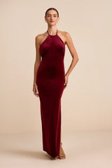 Emelina Wine Red Velvet Halter Maxi Dress