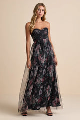 Stately Entrance Black Floral Mesh Strapless Maxi Dress