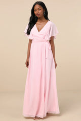 Convincing Grace Light Blush Flutter Sleeve Wrap Maxi Dress
