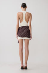 Mollie Mini Dress With Crochet Overlay - White/Chocolate