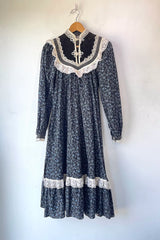 Vintage Gunne Sax Black Blue Floral Velvet Dress Selected by The Curatorial Dept.